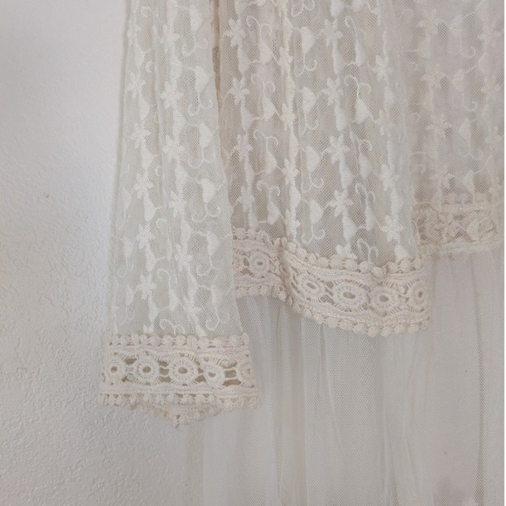 Boho Lace Open Front Cardigan Cream Floral Embroidery Layering Duster M/L - Picture 3 of 9